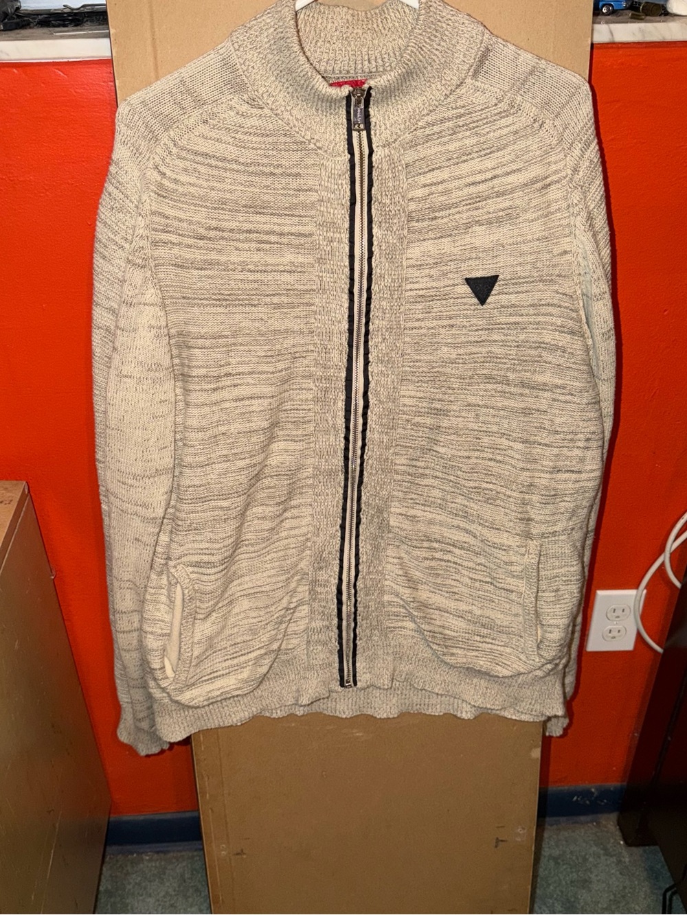 Guess ‘Charles’ Men's Cream Marled Zip-Up Sweater with Black Trim